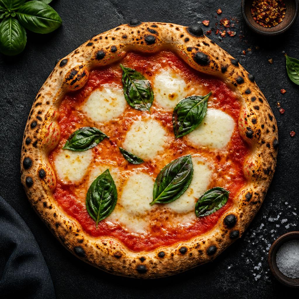 Wood-fired margherita pizza with fresh basil